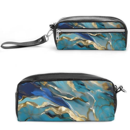 Azurite Federmäppchen aus Leder mit goldfarbenem Öl-Marmor-Muster, großes Fassungsvermögen, mit Reißverschluss, tragbare kleine Make-up-Tasche, Bürobedarf-Organizer für Damen und Herren von LKHDS