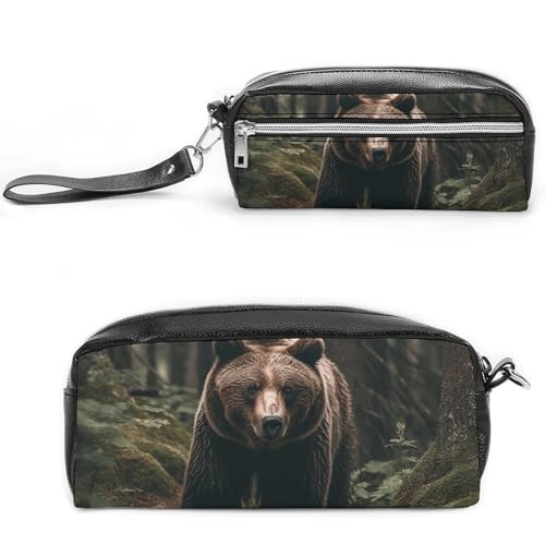Bear in Tree Federmäppchen, großes Fassungsvermögen, Leder-Federmäppchen mit Reißverschluss, tragbare kleine Make-up-Tasche, Bürobedarf-Organizer für Damen und Herren von LKHDS