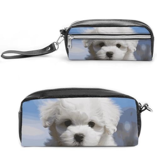 Bichon Frisé-Hunde-Federmäppchen, großes Fassungsvermögen, Leder-Federmäppchen mit Reißverschluss, tragbare kleine Make-up-Tasche, Bürobedarf-Organizer für Damen und Herren von LKHDS