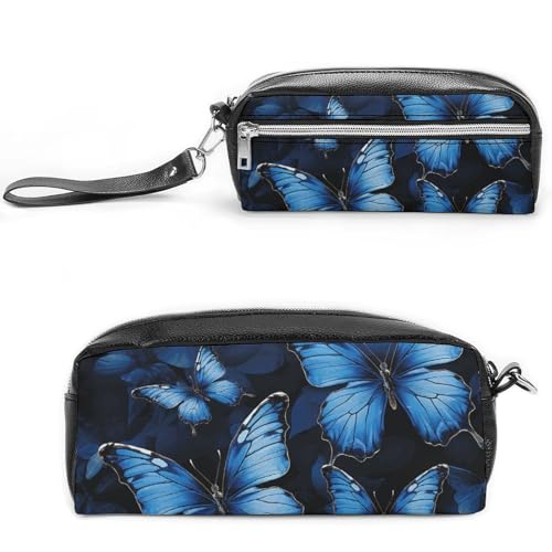 Dunkelblaues Federmäppchen mit Schmetterlingen, großes Fassungsvermögen, Leder-Federmäppchen mit Reißverschluss, tragbare kleine Make-up-Tasche, Bürobedarf-Organizer für Damen und Herren von LKHDS