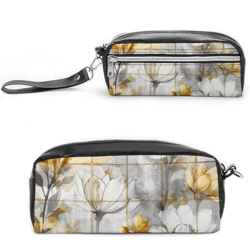 Federmäppchen aus Leder, mit großem Fassungsvermögen, mit Reißverschluss, tragbare kleine Make-up-Tasche, Bürobedarf-Organizer für Damen und Herren, Beige von LKHDS