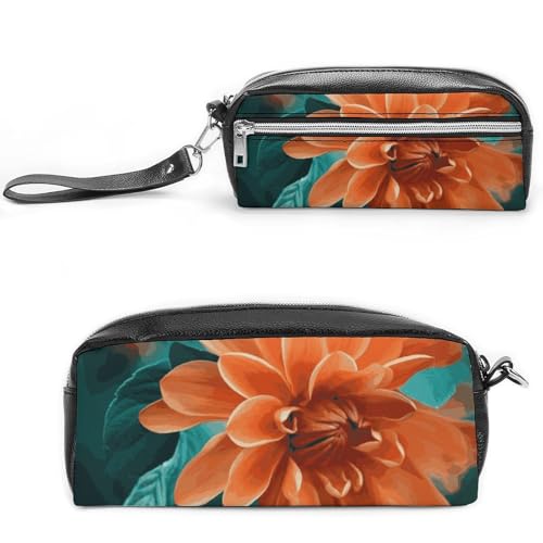 Federmäppchen aus Leder mit Reißverschluss, tragbar, kleine Make-up-Tasche, Bürobedarf, Organizer für Damen und Herren, Blaugrün und Blume von LKHDS
