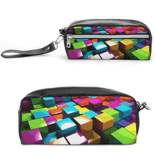 Federmäppchen mit 3D-Würfeln, großes Fassungsvermögen, Leder-Federmäppchen mit Reißverschluss, tragbare kleine Make-up-Tasche, Bürobedarf-Organizer für Damen und Herren von LKHDS