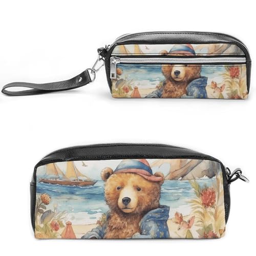Federmäppchen mit Bären-Motiv, großes Fassungsvermögen, Leder-Federmäppchen mit Reißverschluss, tragbare kleine Make-up-Tasche, Bürobedarf-Organizer für Damen und Herren von LKHDS