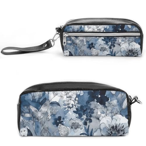 Federmäppchen mit Blumenmuster, großes Fassungsvermögen, Leder-Federmäppchen mit Reißverschluss, tragbare kleine Make-up-Tasche, Bürobedarf-Organizer für Damen und Herren, Aquablau von LKHDS