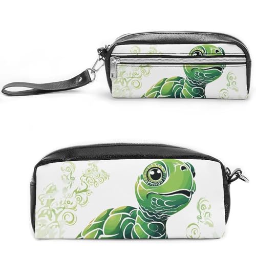 Federmäppchen mit Cartoon-Schildkrötenmuster, großes Fassungsvermögen, Leder-Federmäppchen mit Reißverschluss, tragbare kleine Make-up-Tasche, Bürobedarf-Organizer für Damen und Herren von LKHDS