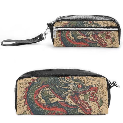 Federmäppchen mit Drachenmuster, großes Fassungsvermögen, Leder-Federmäppchen mit Reißverschluss, tragbare kleine Make-up-Tasche, Bürobedarf-Organizer für Damen und Herren, Beige von LKHDS