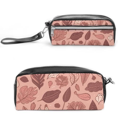 Federmäppchen mit Eichelblatt-Muster, großes Fassungsvermögen, Leder-Federmäppchen mit Reißverschluss, tragbare kleine Make-up-Tasche, Bürobedarf-Organizer für Damen und Herren von LKHDS