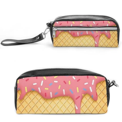 Federmäppchen mit Eis- und Waffelmuster, großes Fassungsvermögen, Leder-Federmäppchen mit Reißverschluss, tragbare kleine Make-up-Tasche, Bürobedarf-Organizer für Damen und Herren von LKHDS