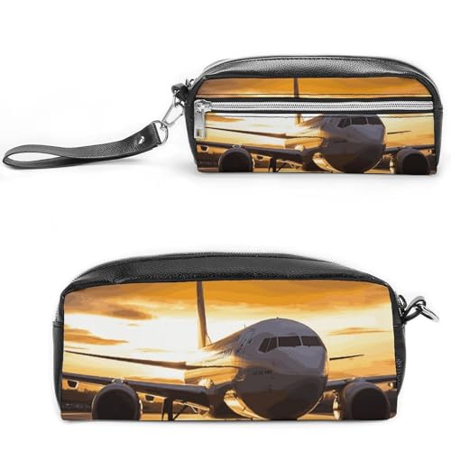 Federmäppchen mit Flugzeug im Abendlicht, großes Fassungsvermögen, Leder-Federmäppchen mit Reißverschluss, tragbare kleine Make-up-Tasche, Bürobedarf-Organizer für Damen und Herren von LKHDS