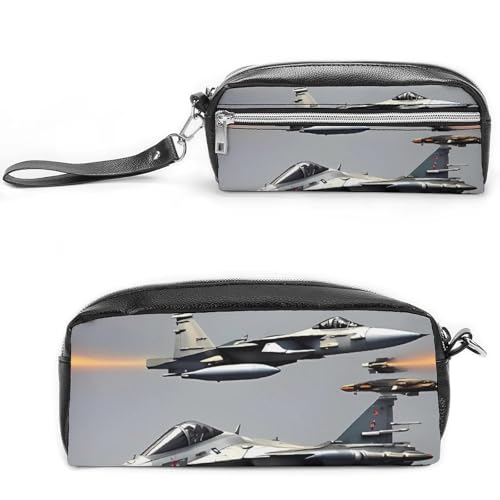 Federmäppchen mit Flugzeugkampfjets, großes Fassungsvermögen, Leder-Federmäppchen mit Reißverschluss, tragbare kleine Make-up-Tasche, Bürobedarf-Organizer für Damen und Herren von LKHDS
