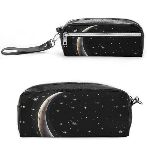 Federmäppchen mit Halbmond auf schwarzem Hintergrund, großes Fassungsvermögen, Leder-Federmäppchen mit Reißverschluss, tragbare kleine Make-up-Tasche, Bürobedarf-Organizer für Damen und Herren von LKHDS