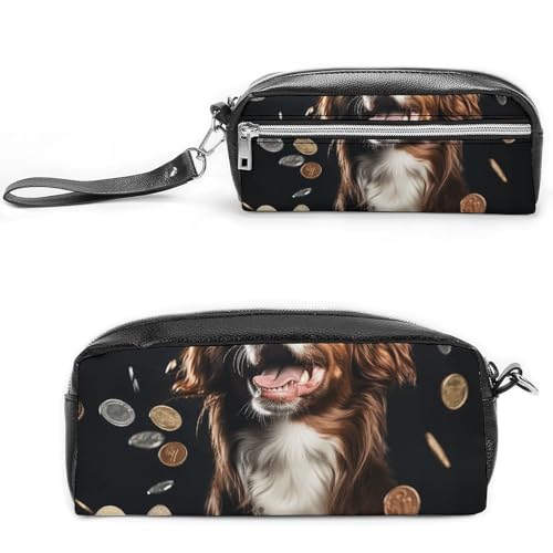 Federmäppchen mit Hund und Münzen, großes Fassungsvermögen, Leder-Federmäppchen mit Reißverschluss, tragbare kleine Make-up-Tasche, Bürobedarf-Organizer für Damen und Herren von LKHDS