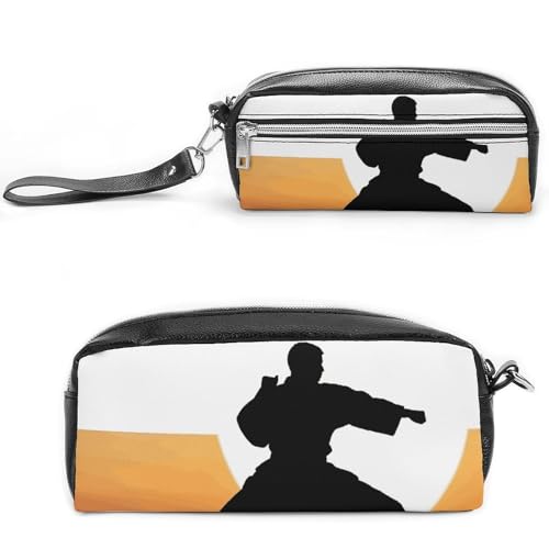 Federmäppchen mit Karate-Silhouette, großes Fassungsvermögen, Leder-Federmäppchen mit Reißverschluss, tragbare kleine Make-up-Tasche, Bürobedarf-Organizer für Damen und Herren von LKHDS