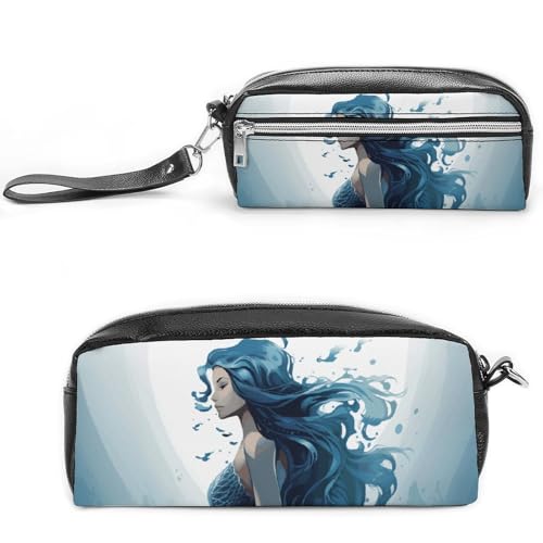 Federmäppchen mit Meerjungfrauenmotiv, Leder, mit Reißverschluss, tragbar, klein, Make-up-Tasche, Bürobedarf, Organizer für Damen und Herren, Blau von LKHDS