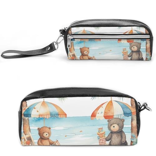 Federmäppchen mit Strandschirm und Bär, großes Fassungsvermögen, Leder-Federmäppchen mit Reißverschluss, tragbare kleine Make-up-Tasche, Bürobedarf-Organizer für Damen und Herren von LKHDS