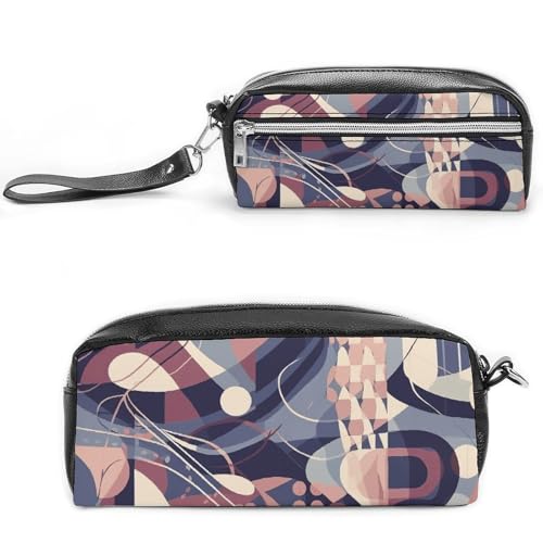 Federmäppchen mit abstrakten geometrischen Linien, großes Fassungsvermögen, Leder-Federmäppchen mit Reißverschluss, tragbare kleine Make-up-Tasche, Bürobedarf-Organizer für Damen und Herren von LKHDS