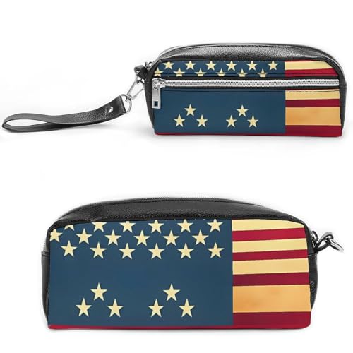 Federmäppchen mit amerikanischer Flagge, großes Fassungsvermögen, Leder-Federmäppchen mit Reißverschluss, tragbare kleine Make-up-Tasche, Bürobedarf-Organizer für Damen und Herren von LKHDS