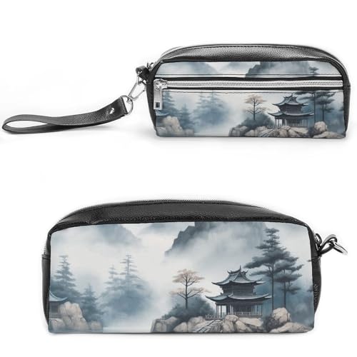 Federmäppchen mit asiatischem Landschaftsmalerei, großes Fassungsvermögen, Leder-Federmäppchen mit Reißverschluss, tragbare kleine Make-up-Tasche, Bürobedarf-Organizer für Damen und Herren von LKHDS