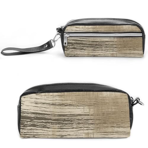 Federmäppchen mit beigefarbenen Streifen, großes Fassungsvermögen, Leder-Federmäppchen mit Reißverschluss, tragbare kleine Make-up-Tasche, Bürobedarf-Organizer für Damen und Herren von LKHDS