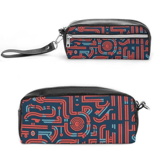Federmäppchen mit blauem und rotem Muster, großes Fassungsvermögen, Leder-Federmäppchen mit Reißverschluss, tragbare kleine Make-up-Tasche, Bürobedarf-Organizer für Damen und Herren von LKHDS