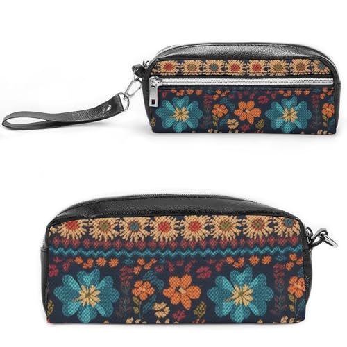 Federmäppchen mit buntem Strickmuster, großes Fassungsvermögen, Leder-Federmäppchen mit Reißverschluss, tragbare kleine Make-up-Tasche, Bürobedarf-Organizer für Damen und Herren von LKHDS