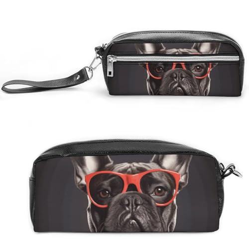 Federmäppchen mit französischer Bulldogge, großes Fassungsvermögen, Leder-Federmäppchen mit Reißverschluss, tragbare kleine Make-up-Tasche, Bürobedarf-Organizer für Damen und Herren von LKHDS