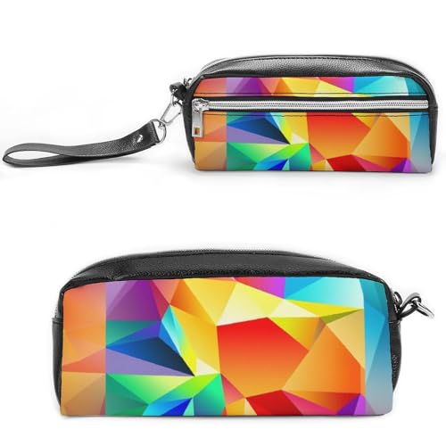 Federmäppchen mit geometrischem Regenbogen-Design, großes Fassungsvermögen, Leder-Federmäppchen mit Reißverschluss, tragbare kleine Make-up-Tasche, Bürobedarf-Organizer für Damen und Herren von LKHDS