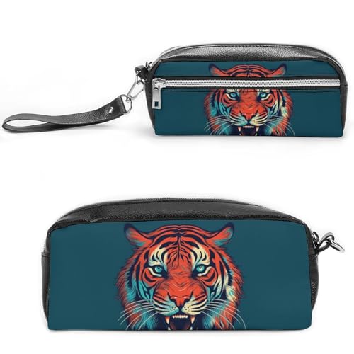 Federmäppchen mit großem rotem Tiger, großes Fassungsvermögen, Leder-Federmäppchen mit Reißverschluss, tragbare kleine Make-up-Tasche, Bürobedarf-Organizer für Damen und Herren von LKHDS