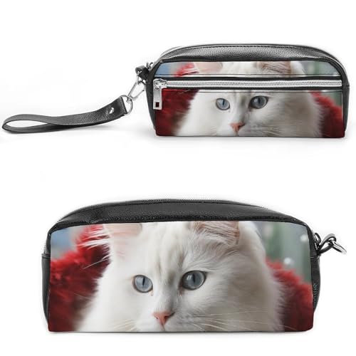 Federmäppchen mit niedlichem Katzenmotiv, großes Fassungsvermögen, Leder-Federmäppchen mit Reißverschluss, tragbare kleine Make-up-Tasche, Bürobedarf-Organizer für Damen und Herren von LKHDS
