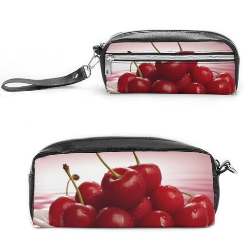 Federmäppchen mit rotem Kirschen, großes Fassungsvermögen, Leder-Federmäppchen mit Reißverschluss, tragbare kleine Make-up-Tasche, Bürobedarf-Organizer für Damen und Herren von LKHDS