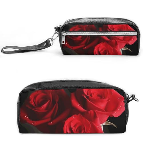 Federmäppchen mit roten Rosen, großes Fassungsvermögen, Leder-Federmäppchen mit Reißverschluss, tragbare kleine Make-up-Tasche, Bürobedarf-Organizer für Damen und Herren von LKHDS