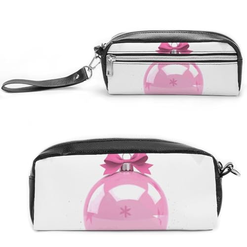 Federmäppchen mit weihnachtlichem Ball, großes Fassungsvermögen, Leder, mit Reißverschluss, tragbare kleine Make-up-Tasche, Bürobedarf-Organizer für Damen und Herren, Rosa von LKHDS