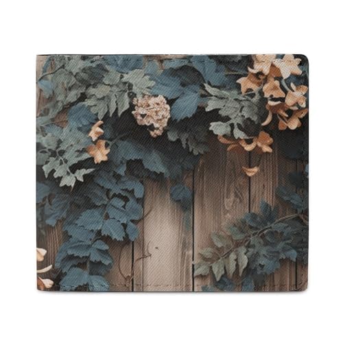 Geldbörse mit Blättern und Blumenmuster auf rustikalem Holz, mit Ausweisfenster, schlanke Geldbörse, einfacher Zugriff, kompakte Geldbörse für Männer und Frauen von LKHDS