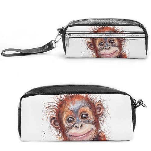 Gorilla Federmäppchen mit unordentlichem Haar, großes Fassungsvermögen, Leder-Federmäppchen mit Reißverschluss, tragbare kleine Make-up-Tasche, Bürobedarf-Organizer für Damen und Herren von LKHDS