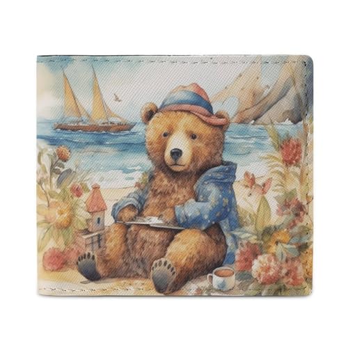 LKHDS A Bear on The Beach Bifold Wallet with ID Window, Leather Slim Wallet Easy Access Compact Purse for Men Women von LKHDS