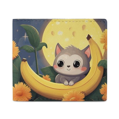 LKHDS Banana Cat Print Bifold Wallet with ID Window, Leather Slim Wallet Easy Access Compact Purse for Men Women von LKHDS