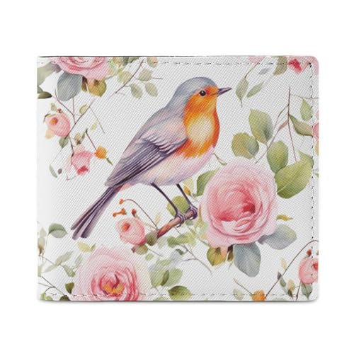 LKHDS Geldbörse mit Blumendruck, Aquarellfarben, Rotkehlchen, Vogel und Ausweisfenster, schlankes Leder, einfacher Zugriff, kompakte Geldbörse für Männer und Frauen von LKHDS