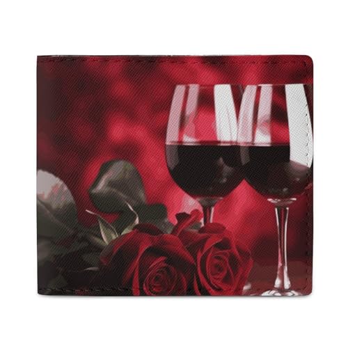 LKHDS Roses And Glasses of Red Wine Bifold Wallet with ID Window, Leather Slim Wallet Easy Access Compact Purse for Men Women von LKHDS