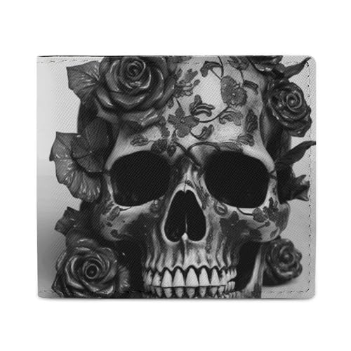 LKHDS Schwarze Geldbörse mit Totenkopf-Motiv, mit Ausweisfenster, Leder, schlank, einfacher Zugriff, kompakte Geldbörse für Männer und Frauen von LKHDS
