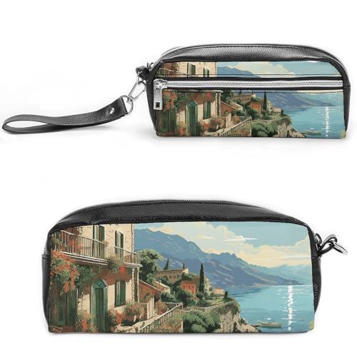 Mediterranes Sommer-Federmäppchen, großes Fassungsvermögen, Leder-Federmäppchen mit Reißverschluss, tragbare kleine Make-up-Tasche, Bürobedarf-Organizer für Damen und Herren von LKHDS