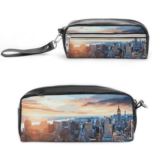 New York City Skyline Federmäppchen, großes Fassungsvermögen, Leder-Federmäppchen mit Reißverschluss, tragbare kleine Make-up-Tasche, Bürobedarf-Organizer für Damen und Herren von LKHDS