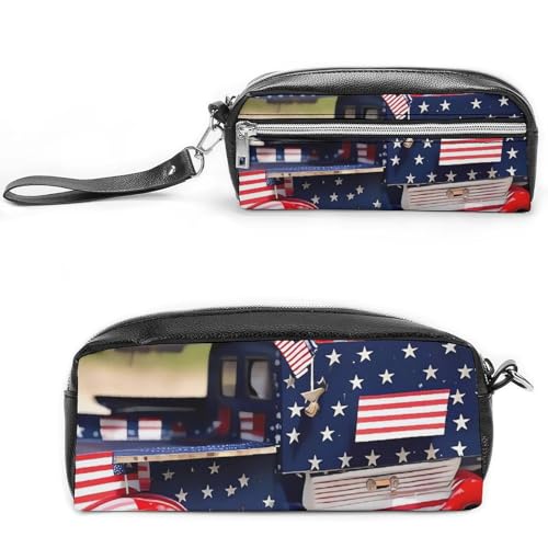 Patriotisches LKW-Federmäppchen, großes Fassungsvermögen, Leder-Federmäppchen mit Reißverschluss, tragbare kleine Make-up-Tasche, Bürobedarf-Organizer für Damen und Herren von LKHDS