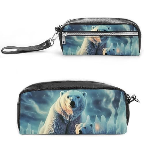 Polar Bears Northern Lights Federmäppchen, großes Fassungsvermögen, Leder-Federmäppchen mit Reißverschluss, tragbare kleine Make-up-Tasche, Bürobedarf-Organizer für Damen und Herren von LKHDS