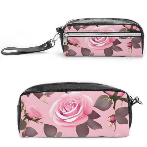 Pretty Roses Federmäppchen, großes Fassungsvermögen, Leder-Federmäppchen mit Reißverschluss, tragbare kleine Make-up-Tasche, Bürobedarf-Organizer für Damen und Herren von LKHDS