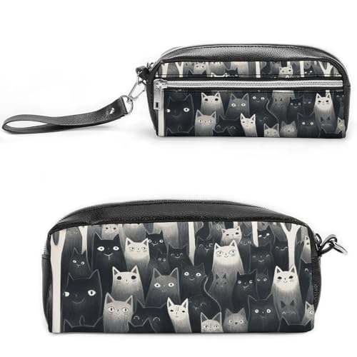 Schwarze Katzen-Federmäppchen, großes Fassungsvermögen, Leder-Federmäppchen mit Reißverschluss, tragbare kleine Make-up-Tasche, Bürobedarf-Organizer für Damen und Herren von LKHDS