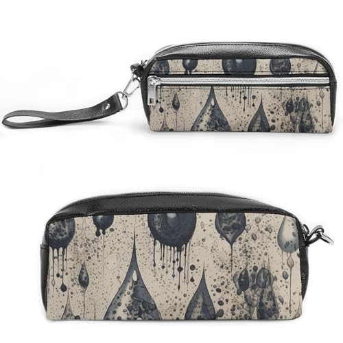 Schwarzes Federmäppchen mit Wassertropfenmuster, großes Fassungsvermögen, Leder-Federmäppchen mit Reißverschluss, tragbare kleine Make-up-Tasche, Bürobedarf-Organizer für Damen und Herren von LKHDS