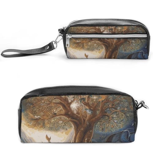 Tree of Life Federmäppchen, großes Fassungsvermögen, Leder-Federmäppchen mit Reißverschluss, tragbare kleine Make-up-Tasche, Bürobedarf-Organizer für Damen und Herren von LKHDS