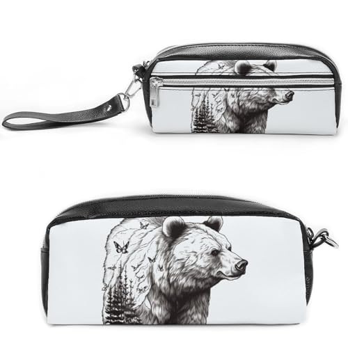 Wildlife Handgezeichnetes Bären-Federmäppchen, großes Fassungsvermögen, Leder-Federmäppchen mit Reißverschluss, tragbare kleine Make-up-Tasche, Bürobedarf-Organizer für Damen und Herren von LKHDS