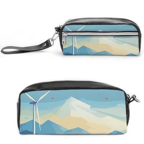 Windmühlen-Federmäppchen, flach, großes Fassungsvermögen, Leder-Federmäppchen mit Reißverschluss, tragbare kleine Make-up-Tasche, Bürobedarf-Organizer für Damen und Herren von LKHDS